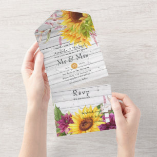 Invitation Tout En Un Grange de campagne rustique Tournesol Mariage Tout