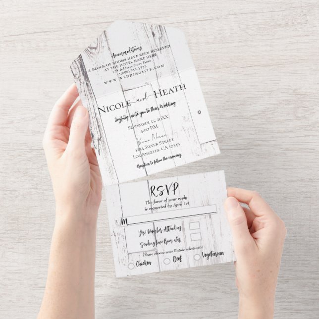 Invitation Tout En Un Grange en bois blanc de la ferme Barn Wedding (Déchirure)