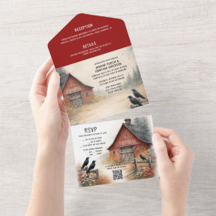 Invitation Tout En Un Grange Rouge Rustique, Corbeaux, Mariage Rural à l
