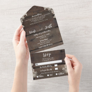 Invitation Tout En Un Grange Rustique Bois & Dentelle Élégant Romantique