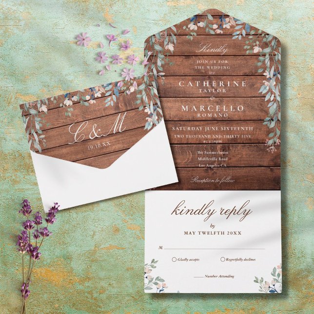 Invitation Tout En Un Grange rustique Bois Floral Verdure Cascade Mariag (Créateur téléchargé)