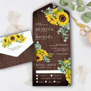 Invitation Tout En Un Grange Rustique Bois Tournesols et Mariage Eucalyp