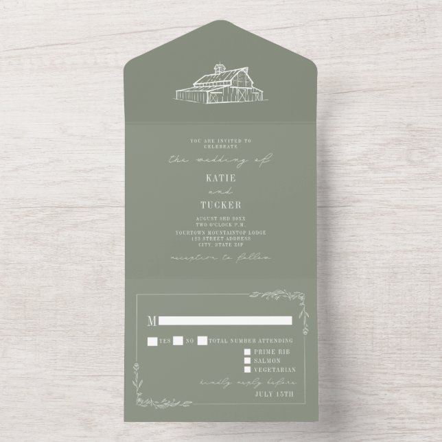 Invitation Tout En Un Grange Rustique Sage Vert Mariage RSVP (À l'intérieur)