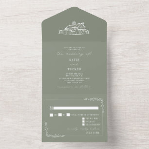 Invitation Tout En Un Grange Rustique Sage Vert Mariage RSVP