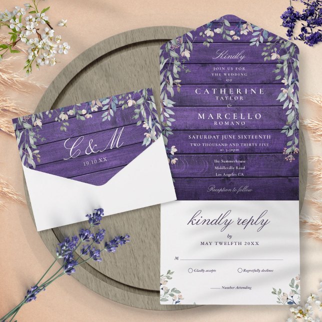 Invitation Tout En Un Grange violette Bois Floral Verdure Cascade Mariag (Créateur téléchargé)