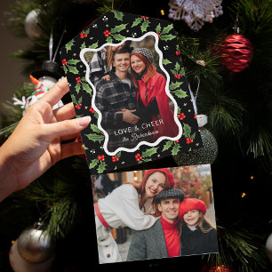 Invitation Tout En Un Gras Black Christmas Holly Wavy Frame Photo