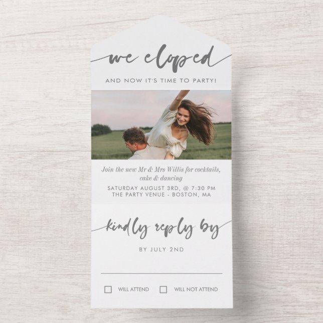 Invitation Tout En Un Gray Calligraphie Photo Elopement Party (À l'intérieur)