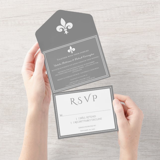 Invitation Tout En Un Gray Fleur de Lis Tout en un mariage Inviter (Déchirure)
