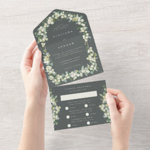 Invitation Tout En Un Gray Green Snowberry+Eucalyptus Mariage d'hiver