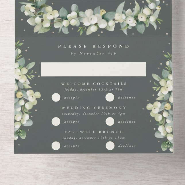 Invitation Tout En Un Gray Green Snowberry+Eucalyptus Mariage d'hiver (Intérieur en bas)