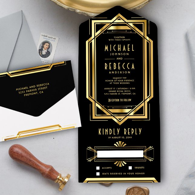 Invitation Tout En Un Great Gatsby Black and Gold Foil Art Déco Mariage (Créateur téléchargé)
