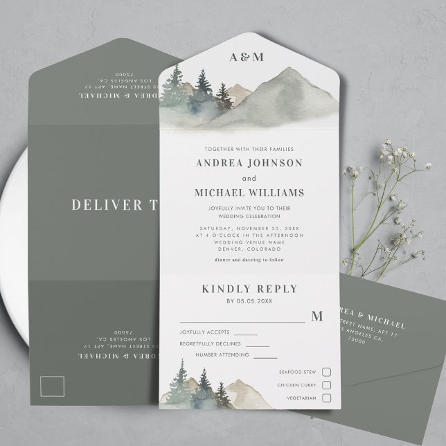 Invitation Tout En Un Green & Grey Forest Mountain Rustic Nature Mariage (Créateur téléchargé)