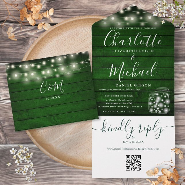 Invitation Tout En Un Green Rustic QR Code Mason Jars Lights Wedding (Green Rustic QR Code Mason Jars Lights Wedding All In One Invitation)