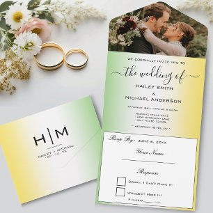 Invitation Tout En Un Green White & Gold Jamaïque Modern Photo Mariage