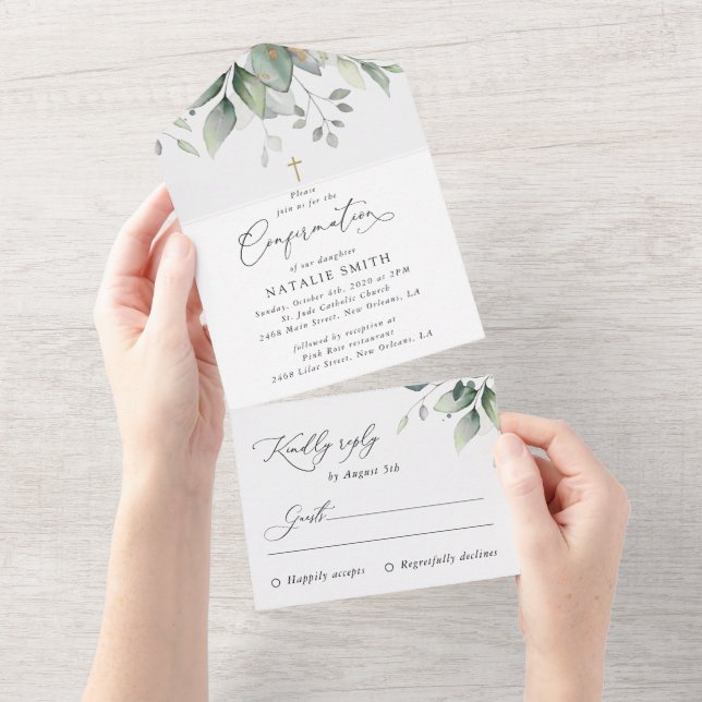 Invitation Tout En Un Greenery, Eucalyptus Leaves, Boho, Confirmation (Déchirure)
