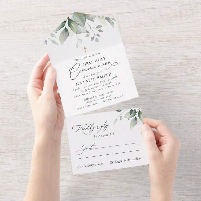 Invitation Tout En Un Greenery, Eucalyptus Leaves, First Holy Communion (Déchirure)