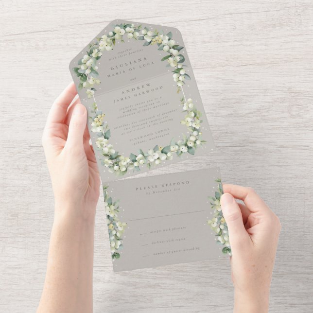 Invitation Tout En Un Greige Snowberry+Eucalyptus Réception de mariage u (Déchirure)