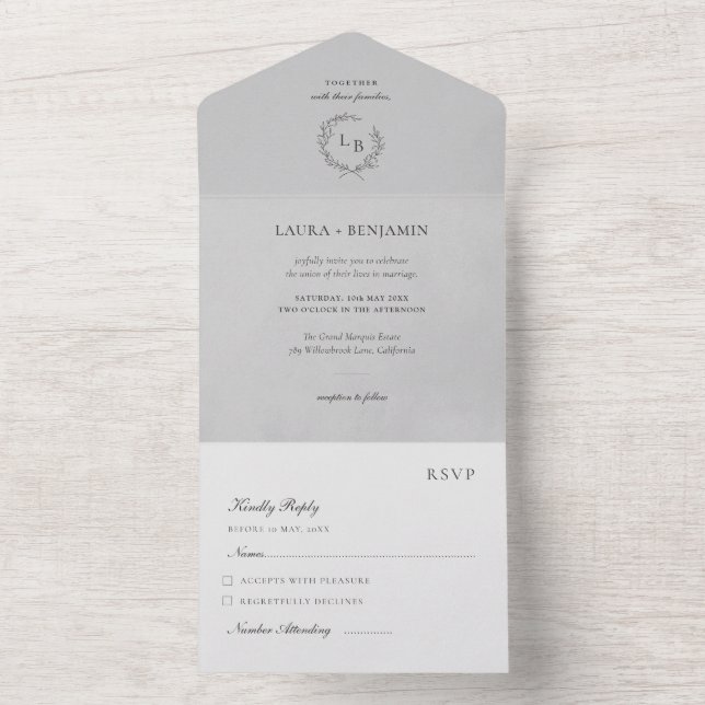 Invitation Tout En Un Grey Velvet Laurel Wreath Minimalist Wedding (À l'intérieur)