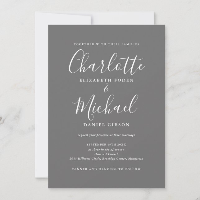 Invitation Tout En Un Gris Et Blanc Élégant Mariage Script (Devant)