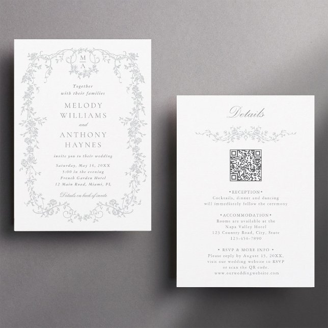 Invitation Tout en un gris Mariage Floral français (Front & Back)