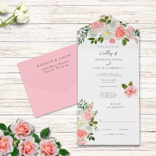 Invitation Tout En Un Guirlande de rose rose et ivoire vintage tout-en-u