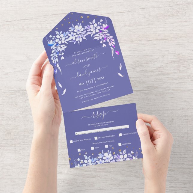 Invitation Tout En Un Guirlande fleurie blanche perwinkle bleu mariage (Déchirure)