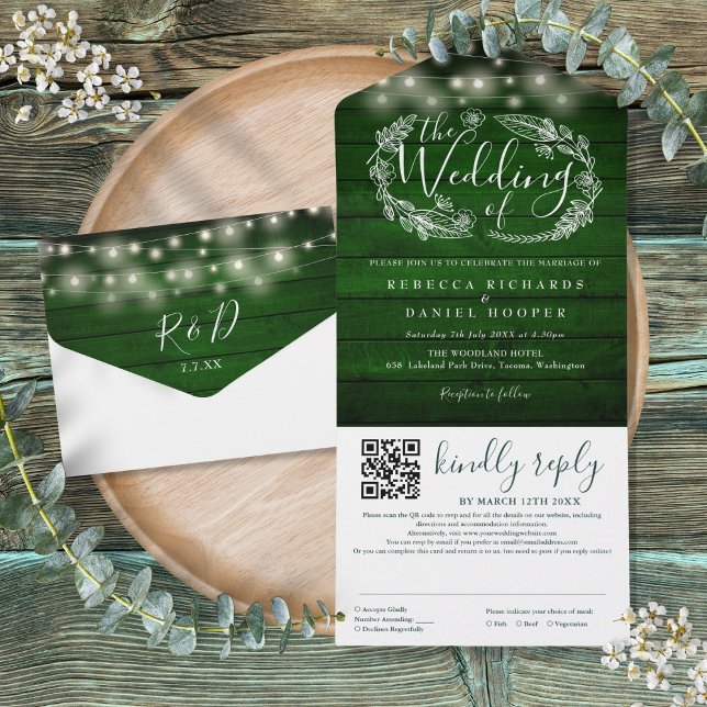 Invitation Tout En Un Guirlande Lumineuse Émeraude Rustique Code QR Mari (Rustic Emerald Green String Lights QR Code Wedding All In One Invitation)