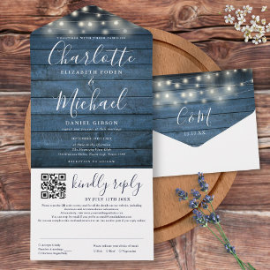 Invitation Tout En Un Guirlande Lumineuse en Bois Rustique Bleu Code QR