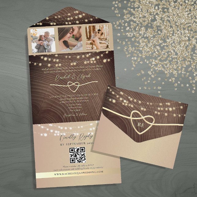 Invitation Tout En Un Guirlande Lumineuse en Bois Rustique Mariage Code  (Créateur téléchargé)