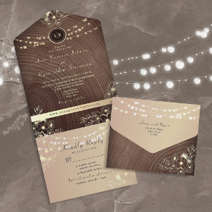 Invitation Tout En Un Guirlande Lumineuse en Bois Rustique pour Mariage