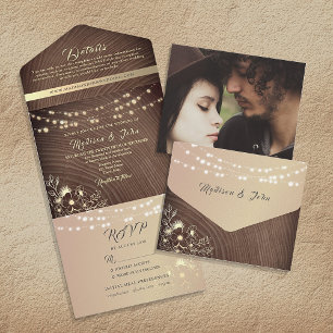 Invitation Tout En Un Guirlande Lumineuse en Bois Rustique pour Mariage