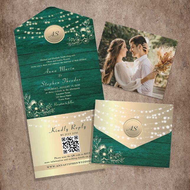 Invitation Tout En Un Guirlande Lumineuse Vert Émeraude Mariage Code QR (Créateur téléchargé)