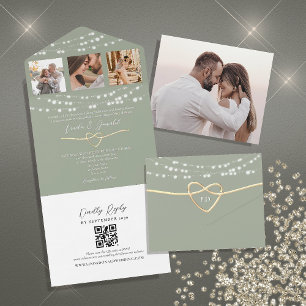 Invitation Tout En Un Guirlande Lumineuse Vert Sauge Mariage Code QR