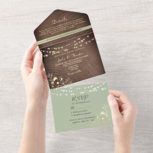 Invitation Tout En Un Guirlandes lumineuses en bois rustique vert sauge