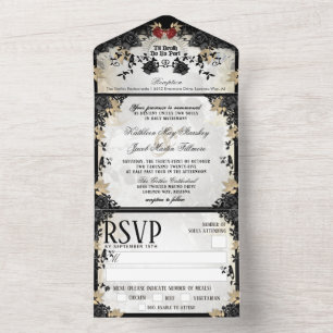 Invitation Tout En Un Halloween Elegant Rose noir Skeletons MENU RSVP
