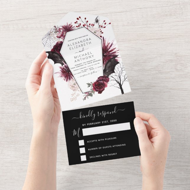 Invitation Tout En Un Halloween Mariage Automne automne foncé Bourgogne  (Déchirure)