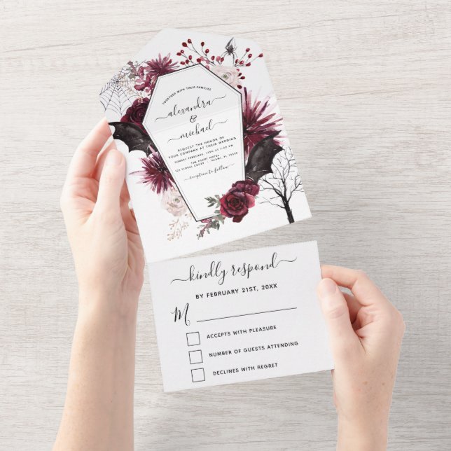 Invitation Tout En Un Halloween Mariage Automne automne foncé Bourgogne  (Déchirure)