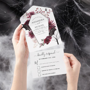 Invitation Tout En Un Halloween Mariage Automne automne foncé Bourgogne