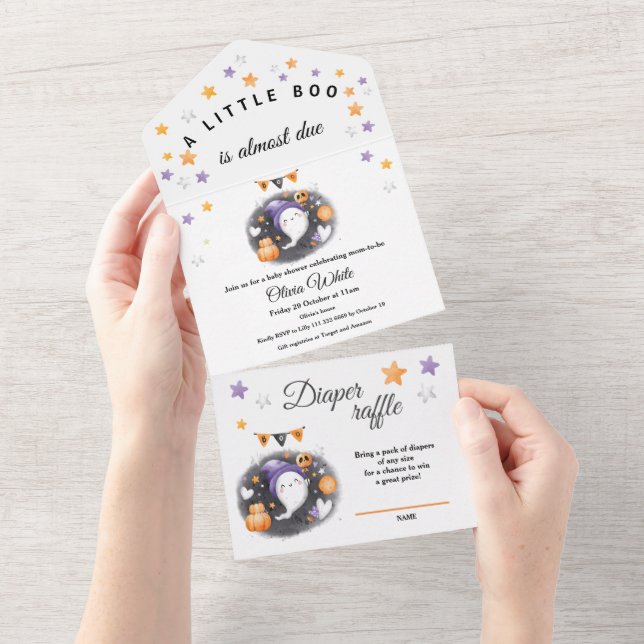 Invitation Tout En Un Halloween Petit Fantôme Purple Orange Baby shower (Déchirure)
