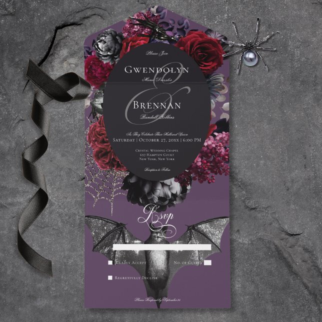 Invitation Tout En Un Halloween Sombre Glam Floral Violet Pas de dîner (Dark Halloween Glam Floral Wedding No Dinner All In One Invitation)