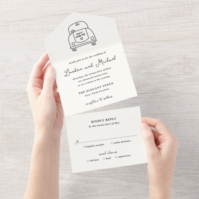 Invitation Tout En Un Hand Drawn Car Doodle Modern Wedding (Déchirure)
