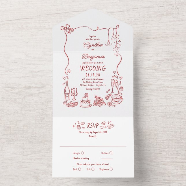 Invitation Tout En Un Hand Drawn Doodles Funky Quirky Modern Wedding (À l'intérieur)