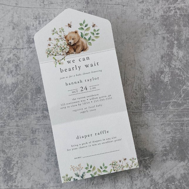 Invitation Tout En Un HANNAH Ours Woodland Baby shower de la chair (HANNAH Bear Woodland Diaper Raffle Baby Shower All In One Invitation)