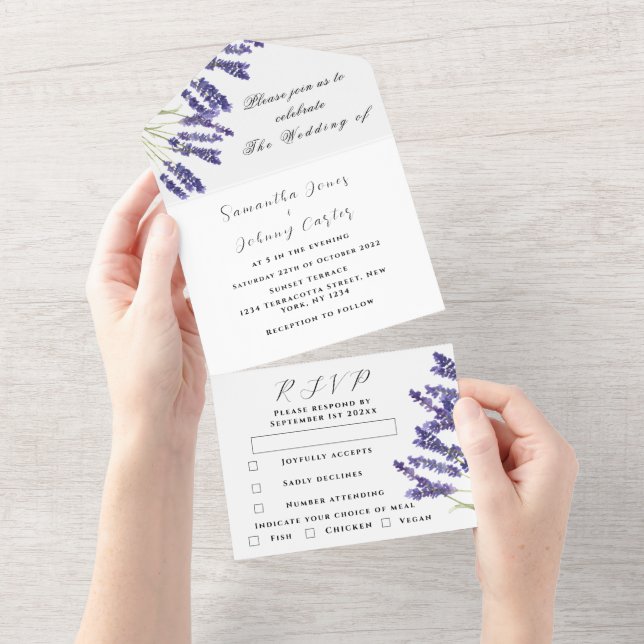 Invitation Tout En Un Herbes vertes Aquarelle Purple Lavender Mariage (Déchirure)