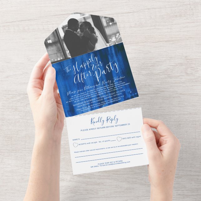 Invitation Tout En Un Heureux jamais après mariage photo bleu (Déchirure)
