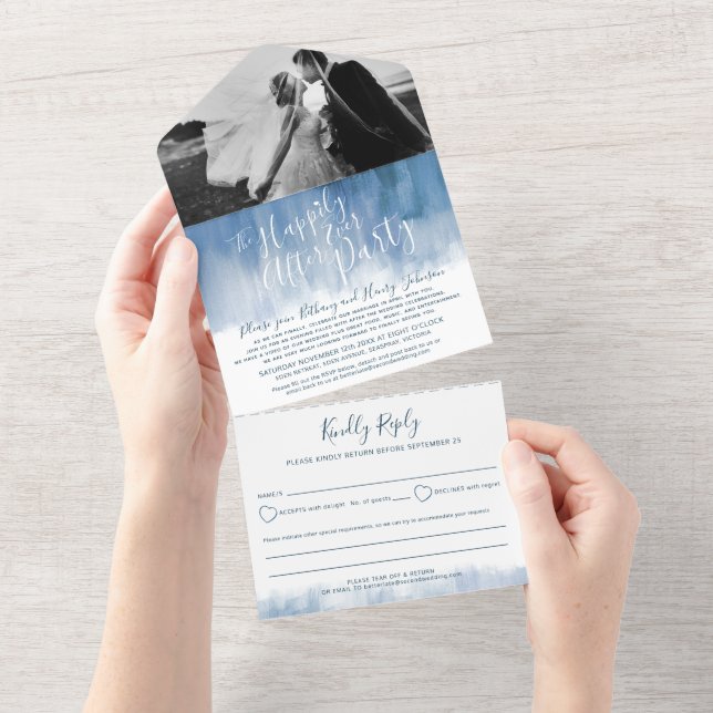 Invitation Tout En Un Heureux jamais après mariage photo bleu gris (Déchirure)