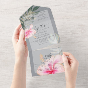 Invitation Tout En Un Hibiscus rose rustique Mariage floral
