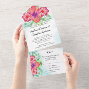 Invitation Tout En Un Hibiscus tropical Fleur d'aquarelle de plage Maria