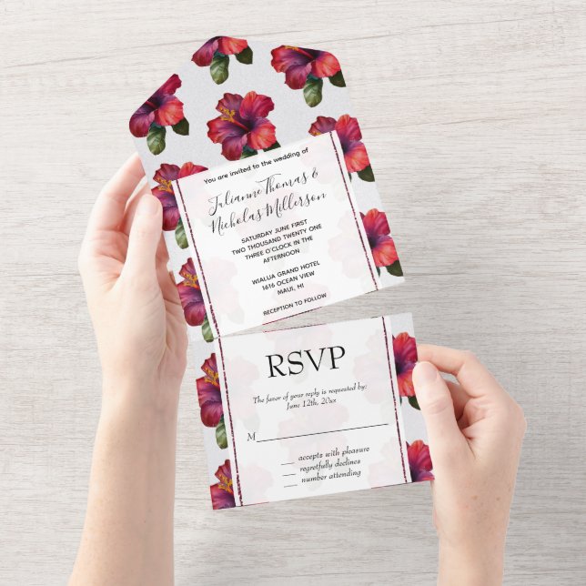 Invitation Tout En Un Hibiscus Tropical Rouge Mariage Floral (Déchirure)