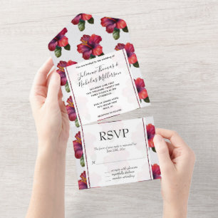 Invitation Tout En Un Hibiscus Tropical Rouge Mariage Floral